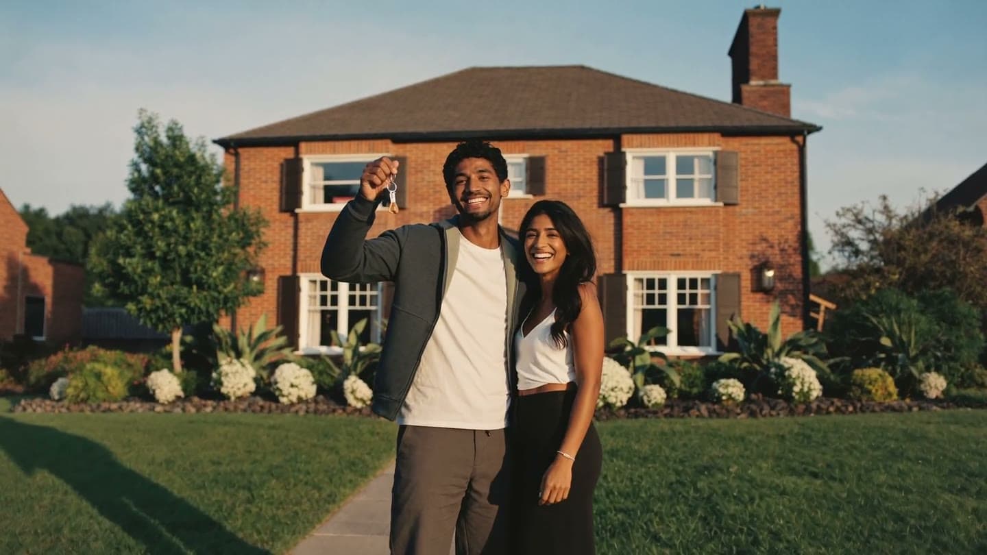 A couple stand on the lawn outside their new home, keys held up